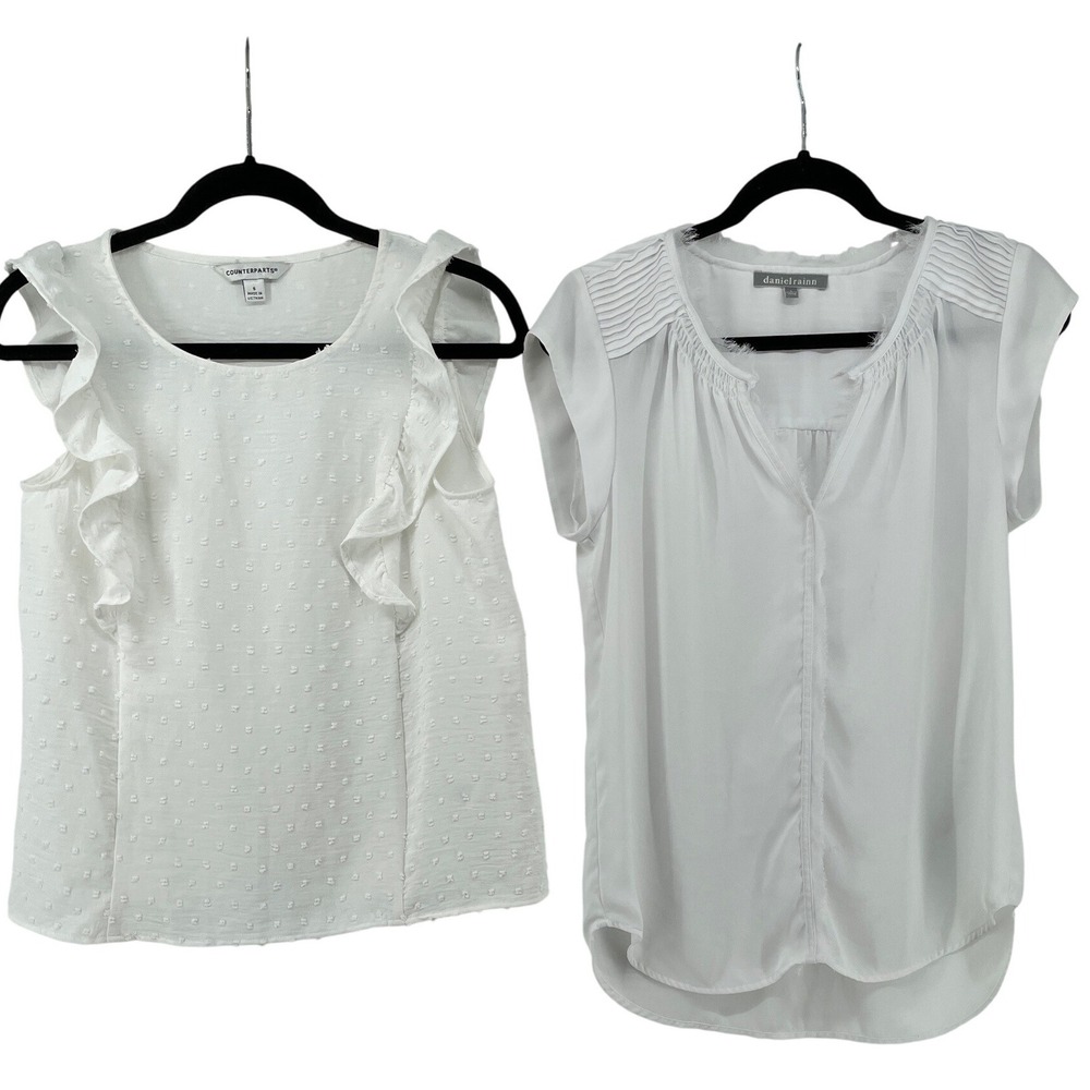 2-Short Sleeve Tops Womens Small White Ruffle Sleeve Cap Sleeve Capsule Cottage